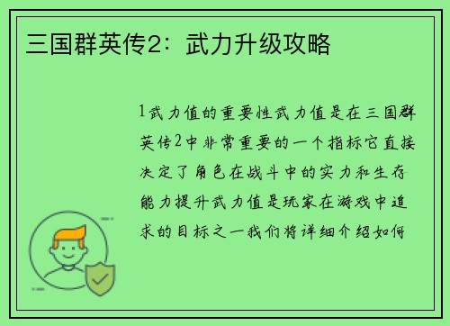 三国群英传2：武力升级攻略